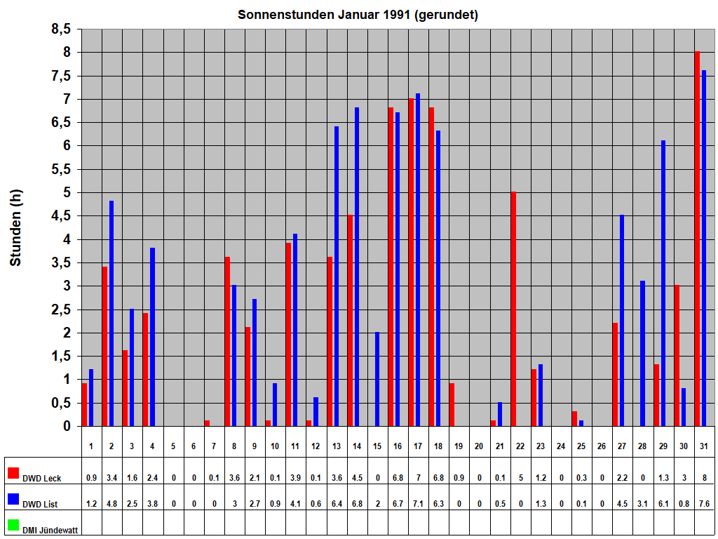 Sonnenstunden Januar 1991 (gerundet)
