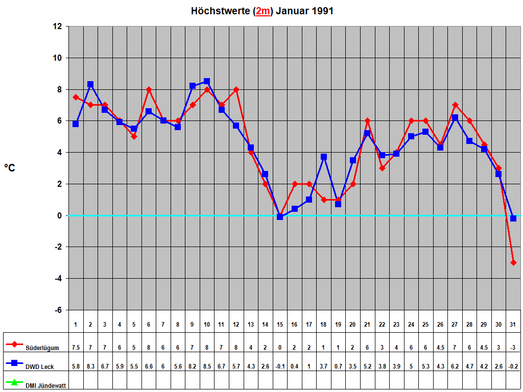 H�chstwerte (2m) Januar 1991