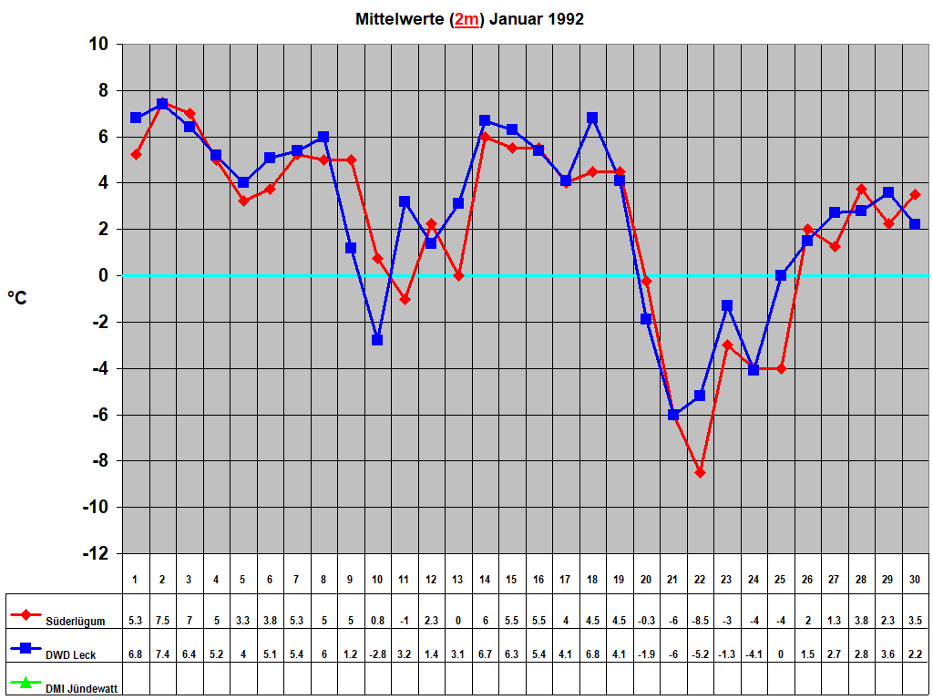 Mittelwerte (2m) Januar 1992