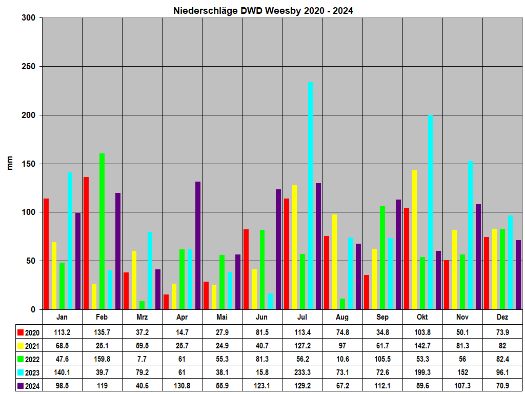 Niederschl�ge DWD Weesby 2020 - 2024